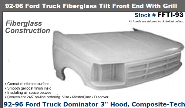 Fiberglass Tilt Front End with Grill 92-96 Ford Trucks - Click Image to Close